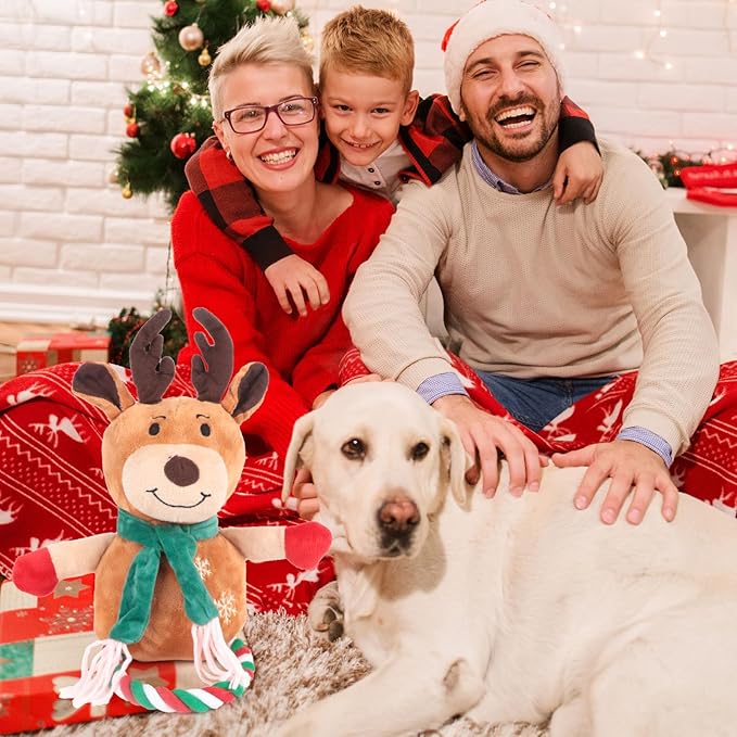 Squeaky Dog Toys - 1Pcs Christmas Elk Squeak Rope Chew Toy, Interactive Christmas Dog Toy Gifts for Small Medium and Large Breed