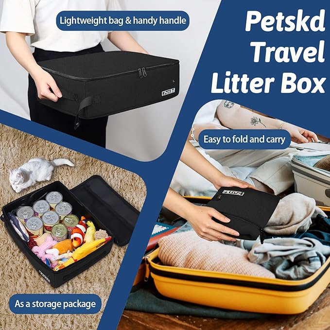 Petskd Portable Cat Travel Litter Box with Lid and 10 pcs Disposable Liner Bags, Leak-Proof and Collapsible, Cat Travel Essentials for Car Travel, Hotel, Airplane and Other Outdoor Use(Black)