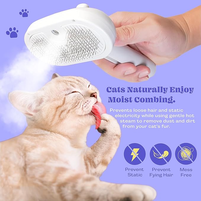 Cat Steam Brush, Rechargeable Silicone Cat Brush for Shedding, 3 in 1 Pet Hair Removal Tool, Self Cleaning Steamy Cat Brush for Massage, Dog Brush for Shedding, Cat&Dog Hair Remover, Cat Accessories