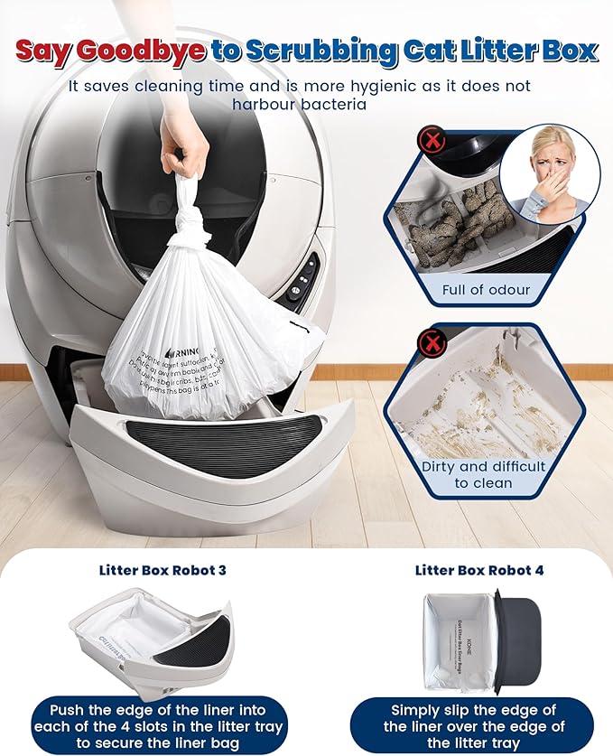KONE 100 Pack Litter Box Robot 3 and 4 Waste Bags, Self-cleaning Cat Litter Box Liner Bags, Automatic Litter Box Liners, Waste Drawer Liners for Heavy Duty 9-11 Gallons