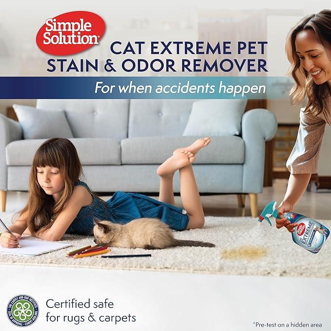 Simple Solution Cat Extreme Pet Stain and Odor Remover Spray - Enzymatic Cleaner with 3X Pro-Bacteria Cleaning Power, Cat-Formulated Strong Urine Pee Odor Destroyer - 32 Ounces