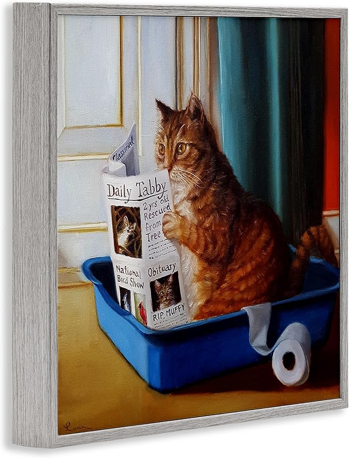 Stupell Industries Litter Box Reading Funny Cat Pet Painting, Design by Lucia Heffernan Gray Framed Wall Art, 17 x 17, Multi-Color