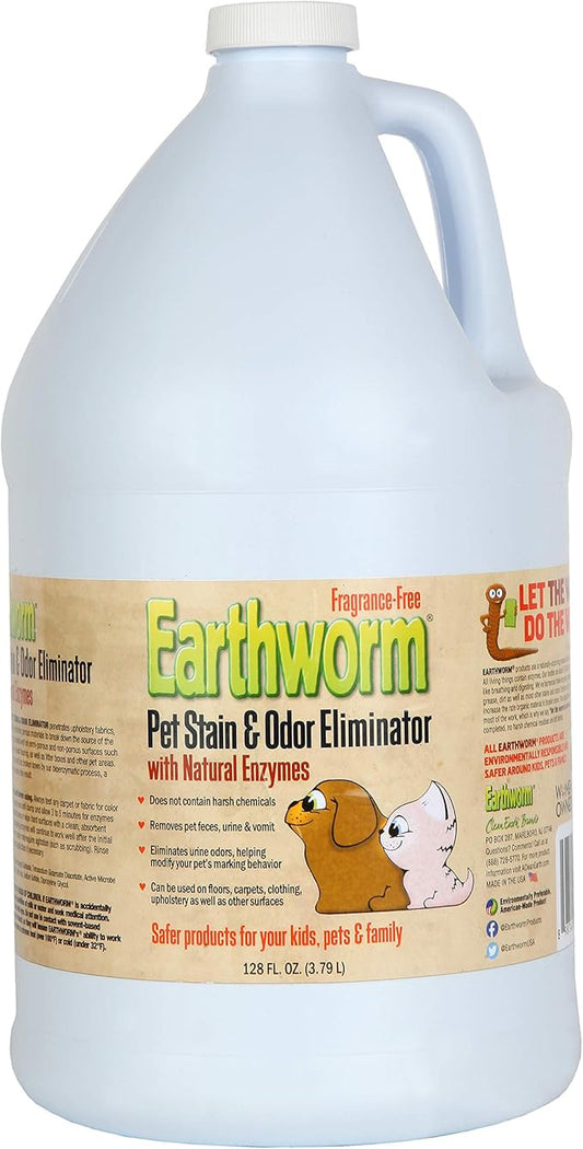 Earthworm Pet Stain Remover & Odor Eliminator- Removes Urine Smell with Natural Enzyme Formula, Fragrance Free Spray - 128 oz