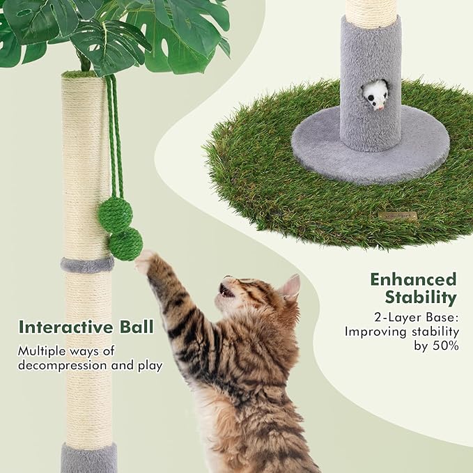 Cat Scratching Posts for All Cats with Hanging Ball and Sisal Rope Cat Toy, Simple Design - for Larger Cats - 35.43" Tall,Wooden Palm Tree Premium Basics Cat Toys Kitten(Grey