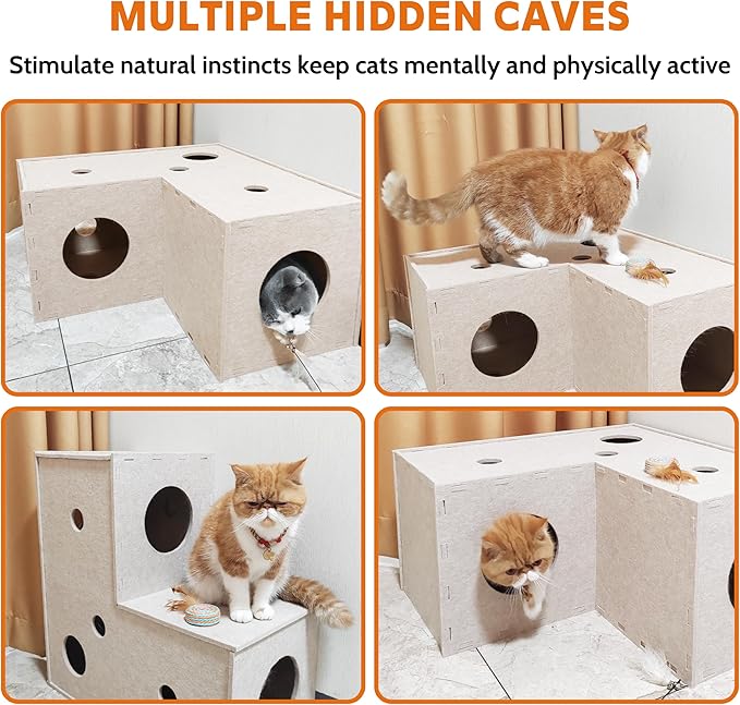 Cat Tunnel, L-Shape Cat Hideaway, Cat Tunnels for Indoor Cats, Grey Soft Felt Cat Toy, Pet Cat Play Tunnel with Interactive Peek Hole
