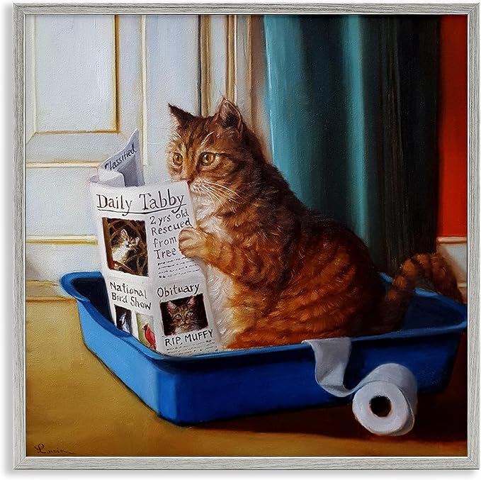 Stupell Industries Litter Box Reading Funny Cat Pet Painting, Design by Lucia Heffernan Gray Framed Wall Art, 24 x 24, Multi-Color