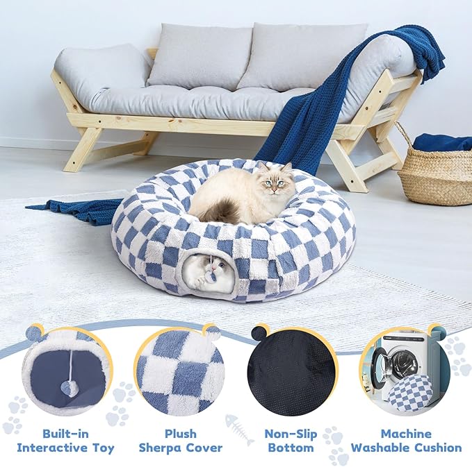 Cat Tunnel Bed Cat Cave for Cats Indoor, Maansfy Large Peekaboo Cat Cave Donut Tunnel Interactive Cat Toy Multifunctional Round Pet Play Tunnel Tube for Kitten Medium Large Cat - Blue