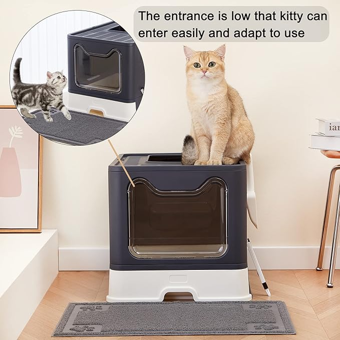 Suhaco Cat Litter Box with Lid Large Foldable Front Entry Top Exit Kitty Litter Box with Cat Litter Mat, Covered Kitten Litter Tray for Indoor Cats with Litter Scoop & Cleaning Brush Easy Clean(Black)
