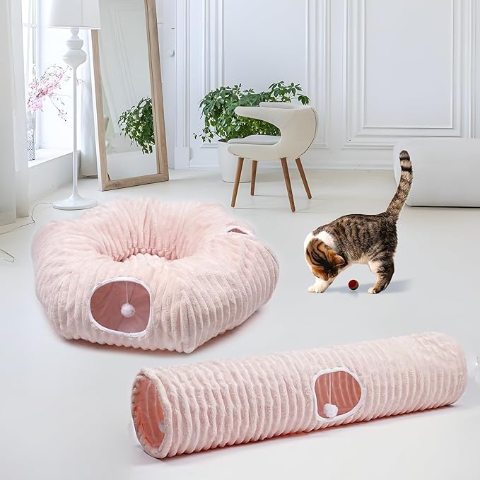 Luxurious Cat Tunnel,43" Straight Cat Tunnel Bed with Balls,Cat Toys for Indoor Cats,Collapsible Peekaboo Cat Cave for Kitten Toys(Pink Stripe)