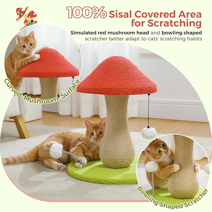 PETEPELA Mushroom Cat Scratching Post, Cat Scratcher Cute with 100% Sisal Covered Scratching Post & Pompoms Cat Toy, Mushroom Cat Post for Indoor Cats