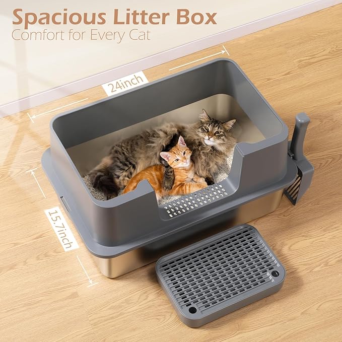 Stainless Steel Cat Litter Box with Lid, High Sides Metal Litter Box Enclosed, XL Extra Large Cat Litter Box with Filter Pedal and Scoop Cleaning Brush, Easy Cleaning, Anti Leakage, Non-Sticky