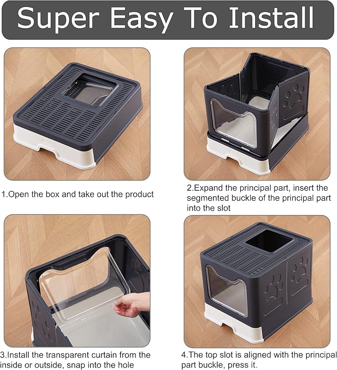 Suhaco Cat Litter Box with Lid Large Foldable Front Entry Top Exit Kitty Litter Box with Cat Litter Mat, Covered Kitten Litter Tray for Indoor Cats with Litter Scoop & Cleaning Brush Easy Clean(Black)