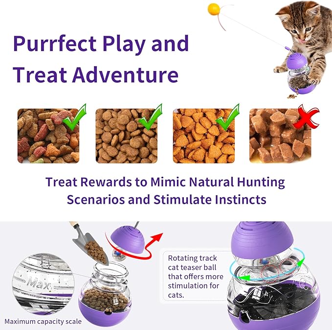 Cat Interactive Toy Indoor, Cat Treat Dispensing Toy, Slow Feeder Puzzle Toy for Cats, Food Dispensing Ball for Pets, Fun Interactive Enrichment Wand Toy for Cats