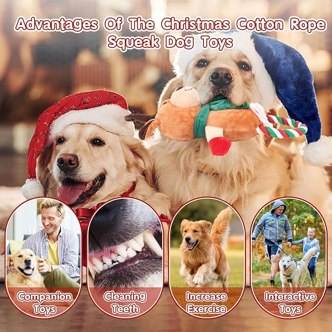 Squeaky Dog Toys - 1Pcs Christmas Elk Squeak Rope Chew Toy, Interactive Christmas Dog Toy Gifts for Small Medium and Large Breed