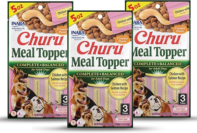 INABA Churu Meal Topper for Dogs, Complete & Balanced, Creamy, Lickable Purée Dog Food Toppers, 1.69 Ounce Tube, 9 Tubes (3 per Pack), Chicken with Salmon Recipe
