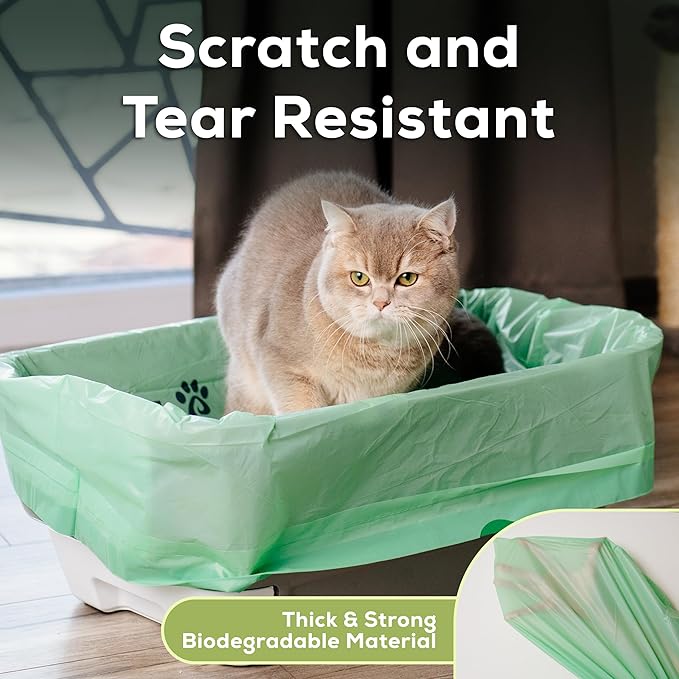 Cat Litter Box Liners 100% Compostable - Drawstring Close - 10 Count - Jumbo Size 36" x 19" - Tear & Leak Resistant - OK Compost Home Certified