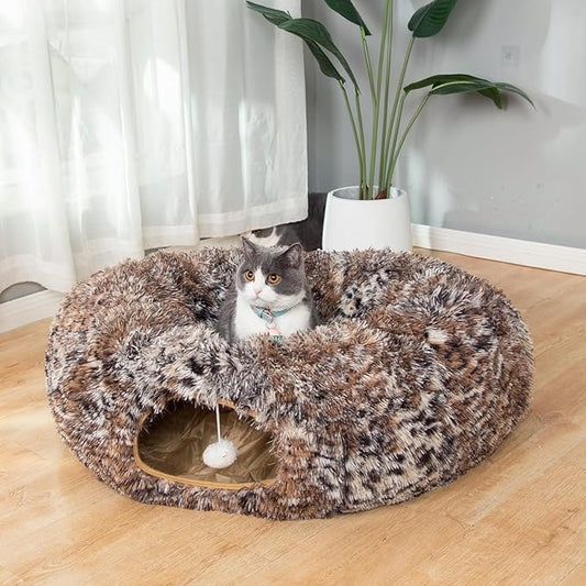 LUCKITTY Warm Fluffy Plush Cat Dog Tunnel Bed with Washable Cushion- Big Tube Playground Toys 3 FT Diameter Collapsible, for Indoor Cat Kitty Kitten Puppy Rabbit Ferret Leopard Print