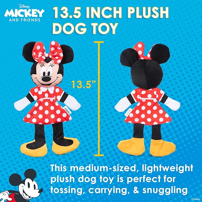 Minnie Mouse Plush Squeaky with Flattie Crinkle Body Dog Toy 13.5in | Disney Dog Toys | Plush Squeaker Toy for Dogs Inspired by Minnie Mouse, Disney Mickey and Friends