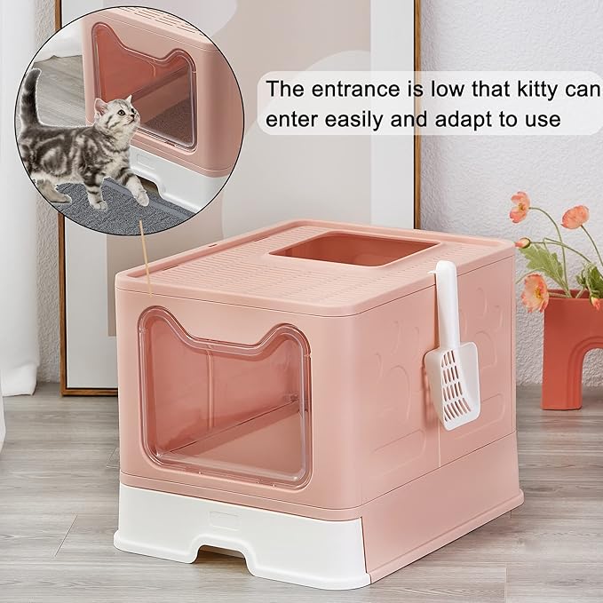 Suhaco Cat Litter Box with Lid Large Foldable Front Entry Top Exit Kitty Litter Box with Cat Litter Mat, Covered Kitten Litter Tray for Indoor Cats with Litter Scoop & Cleaning Brush Easy Clean (Pink)