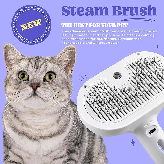 Cat Steam Brush, Rechargeable Silicone Cat Brush for Shedding, 3 in 1 Pet Hair Removal Tool, Self Cleaning Steamy Cat Brush for Massage, Dog Brush for Shedding, Cat&Dog Hair Remover, Cat Accessories