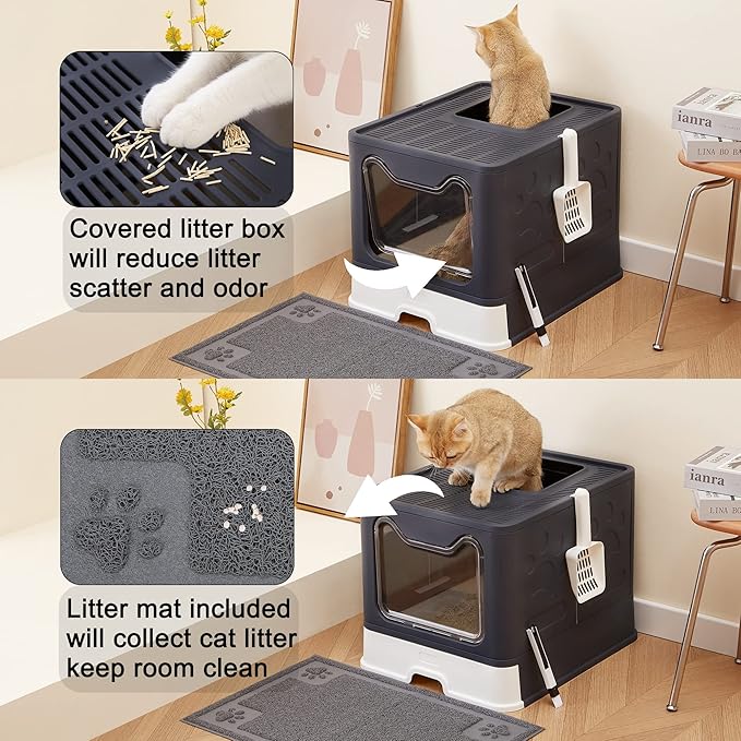 Suhaco Cat Litter Box with Lid Large Foldable Front Entry Top Exit Kitty Litter Box with Cat Litter Mat, Covered Kitten Litter Tray for Indoor Cats with Litter Scoop & Cleaning Brush Easy Clean(Black)