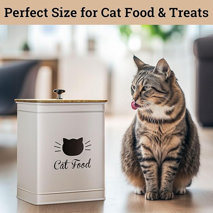 Cat Food Storage Container with Scoop - 25 Cup Capacity White Cat Food Container with Airtight Bamboo Lid - Metal Cat Food Bin - Cat Food Holder Storage - Pet Food Storage Container - Kibble Container