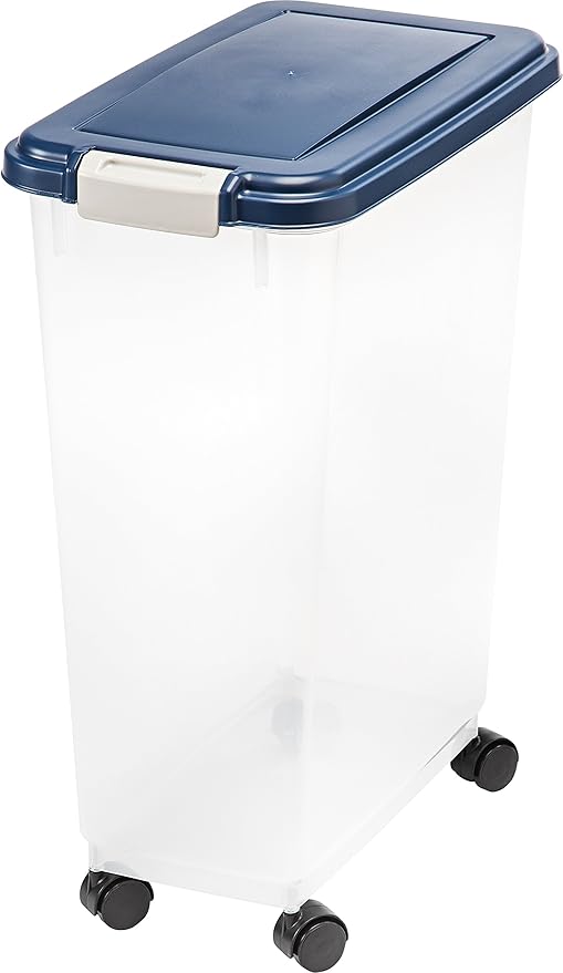 IRIS USA Airtight Dog Food Storage Container, Up to 38 lbs, Attachable Wheels, For Dog Cat Bird and Other Pet Food Storage Bin, Keep Fresh, Translucent Body, Easy Mobility, Navy