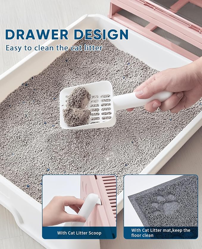 Cat Litter Box with Litter Mat and Scoop, Large Foldable Litter Box with Lid, Front Entry Top Exit Kitty Litter Box, Odor Control Easy Clean (Pink)