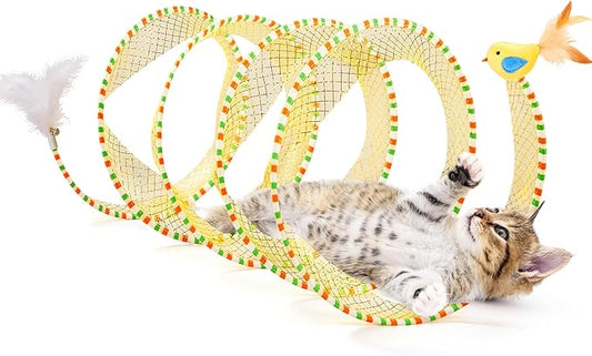 Potaroma Spiral Tunnel Cat Toy, Self Play Cat Play Spiral Kitten Tunnel Toy, Collapsible Spring Tunnel Toy for Indoor Cats with Feather and Bell, 20 Inches Unfolded