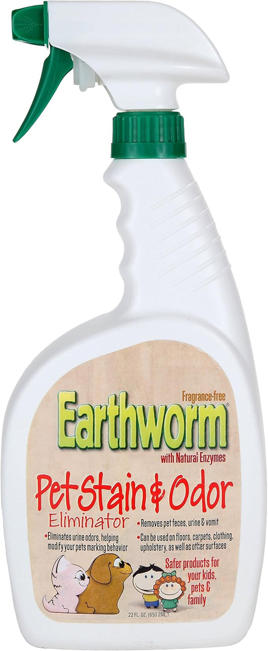 Earthworm Pet Stain Remover & Odor Eliminator - Urine Eliminator, Natural Enzymes, Safe Around Kids & Pets, Environmentally Responsible, Fragrance Free - 22 oz (Pack of 6)