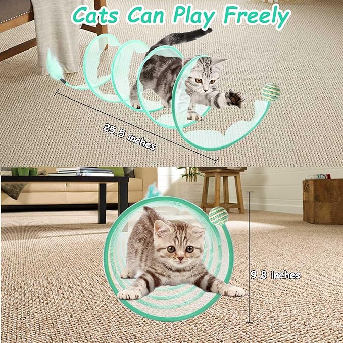 Cat Tunnel, 1PCS Folded Cat Tunnel Toy, Cyan Sisal Hemp Ball Tube Cat Springs for Indoor with Feather, Mouse Toys Interactive Cat Toy Tunnel Self-Happy Cat Toys, S-Type Collapsible Tent