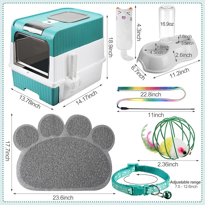 Tioncy 7 Pcs Small Cat Kitten Starter Kit Cat Litter Box with Shovel Cat Paw Litter Mat Double Automatic Cat Bowls Cat Toy Teaser Stick Cat Collar Essentials Kits for 1-3 Lbs Beginner (Green)