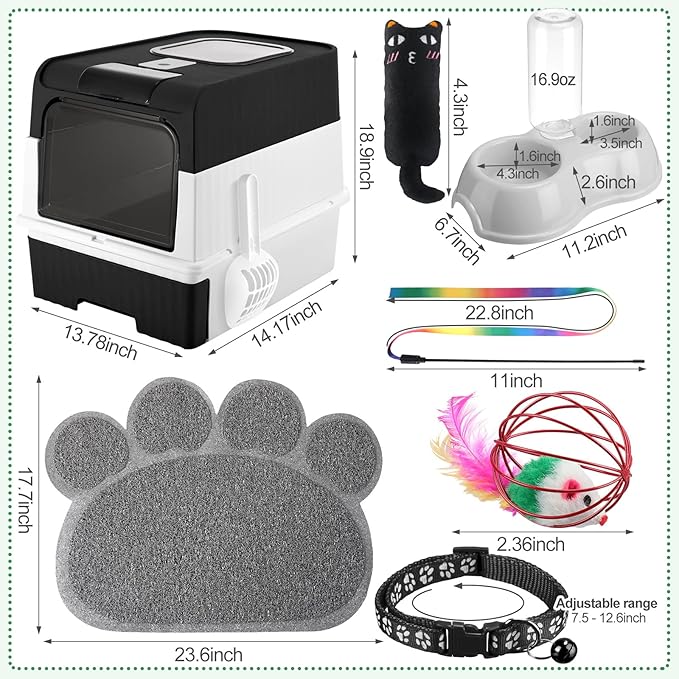 Tioncy 7 Pcs Small Cat Kitten Starter Kit Cat Litter Box with Shovel Cat Paw Litter Mat Double Automatic Cat Bowls Cat Toy Teaser Stick Cat Collar Essentials Kits for 1-3 Lbs Beginner (Black)