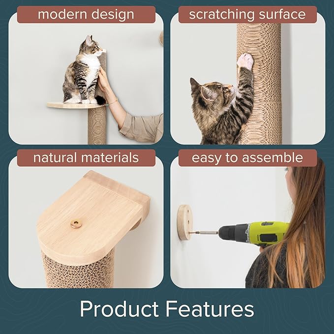 Ascentials - Sunrise Steps - Wall Post w/Climbing Corrugate Shelves, Extendable w/Modern Design, Scratching Surface & Natural Materials