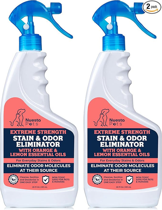 Extreme Strength Pet Stain & Odor Eliminator for Busy Pet Parents | Neutralize Tough Stains & Odors | Orange and Lemon for Deep Clean | Perfect for Cats & Dogs | 2-pk. 20-oz bottles - Nuesta Pets