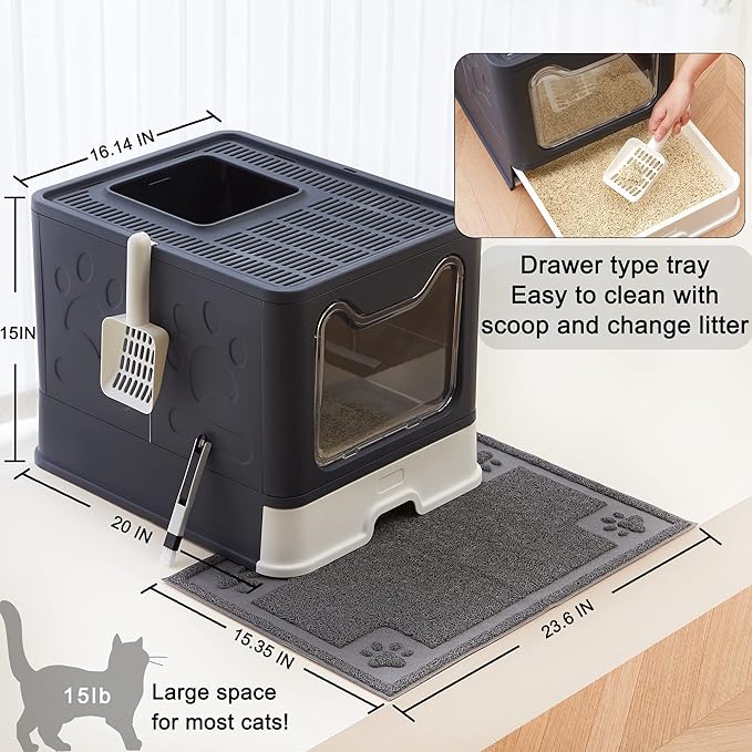 Suhaco Cat Litter Box with Lid Large Foldable Front Entry Top Exit Kitty Litter Box with Cat Litter Mat, Covered Kitten Litter Tray for Indoor Cats with Litter Scoop & Cleaning Brush Easy Clean(Black)