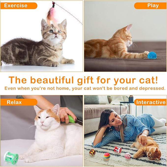 Wettarn 22 Pieces Cat Toys Set, with 2 Collapsible Cat Tunnels for Indoor Cats and 20 Kitten Toys Cat Tubes and Tunnels Interactive Cat Feather Toy Mouse Crinkle Balls for Cats Puppies (Colorful)