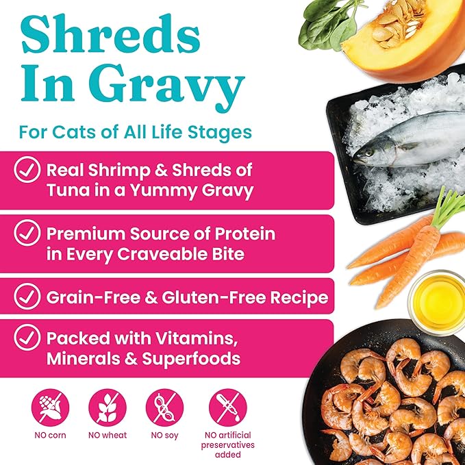 Solid Gold Wet Cat Food Shreds in Gravy - Canned Cat Food Made w/Real Tuna & Shrimp - Five Oceans Grain Free 16ct/6oz Can