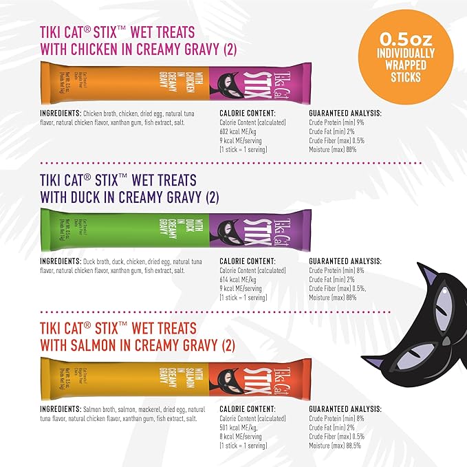 Tiki Cat Stix Mousse Treats, Single Serve Indulgent Lickable Treat or Dry Food Topper, Variety Pack with Salmon, Chicken, and Tuna, 3 oz. Pouch (Pack of 12)