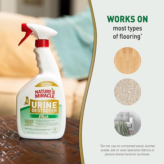Nature's Miracle Urine Destroyer Plus for Cats, Enzymatic Formula for Severe Cat Urine Stains, 32 oz
