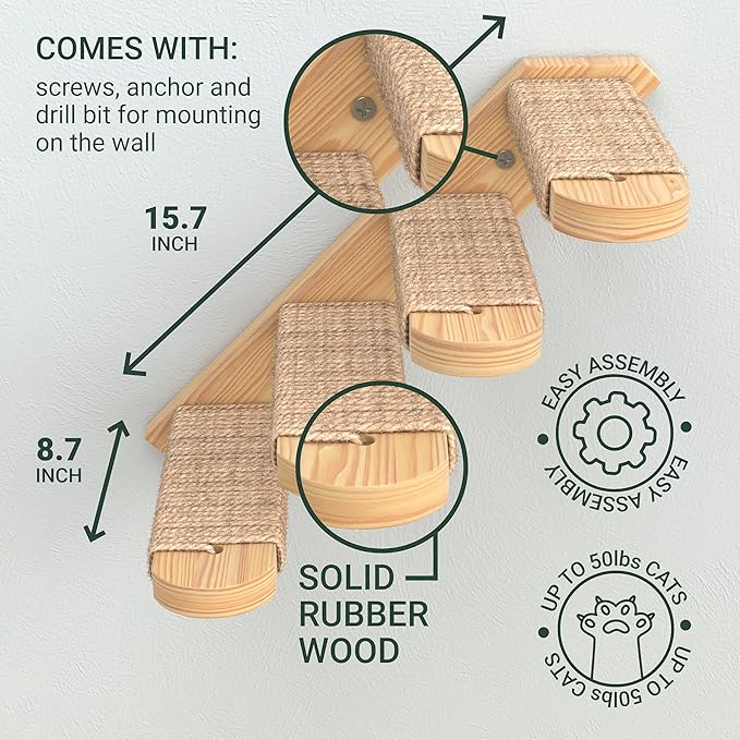 Skywin Cat Steps - Solid Rubber Wood Cat Wall Stairs Great for Scratching and Climbing - Easy to Install Wall Mounted Cat Wall Shelves for Playful Cats (Wood, Left-Right)