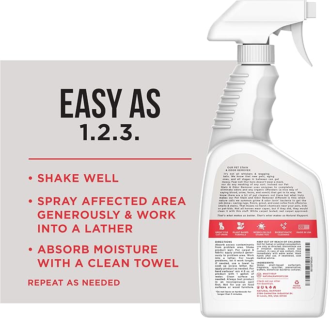 Natural Rapport Pet Stain and Odor Spray - The Only Pet Stain and Odor Remover You Need - Pet Stain Remover Carpet and Upholstery Cleaner Urine Odor Eliminator Spray for Pets (32 fl oz.)