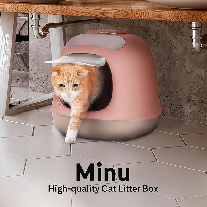 United Pets Minu Hooded Cat Litter Box | Includes Scoop and Filter | Top Entry Litter Box with Paw Pad and Refillable Plastic Bags | Crafted in Italy | 40 x 40 x h50 CM - Pink/Grey