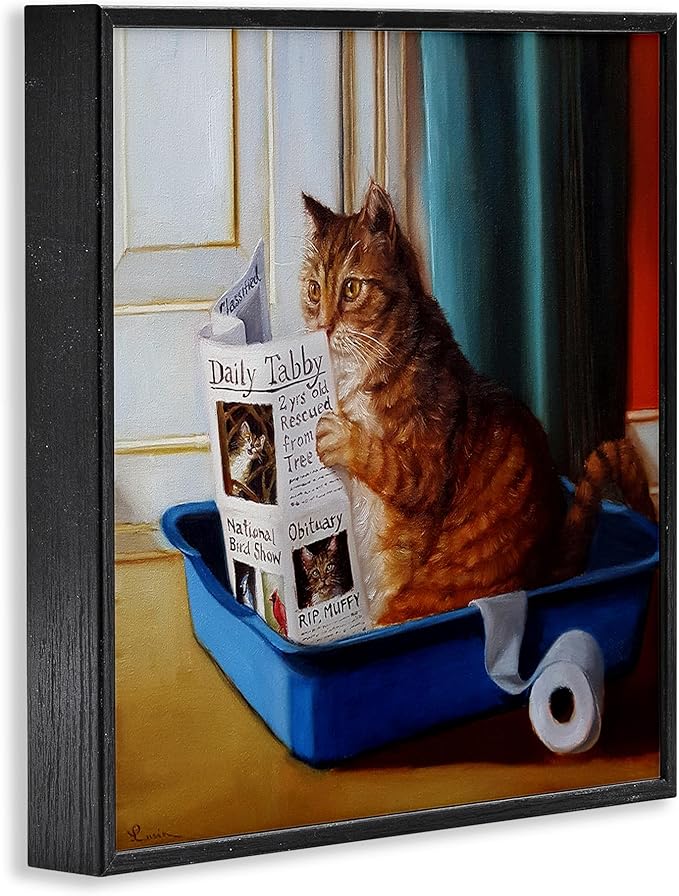 Stupell Industries Litter Box Reading Funny Cat Pet Painting Black Framed Wall Art, 12 x 12, Design by Artist Lucia Heffernan