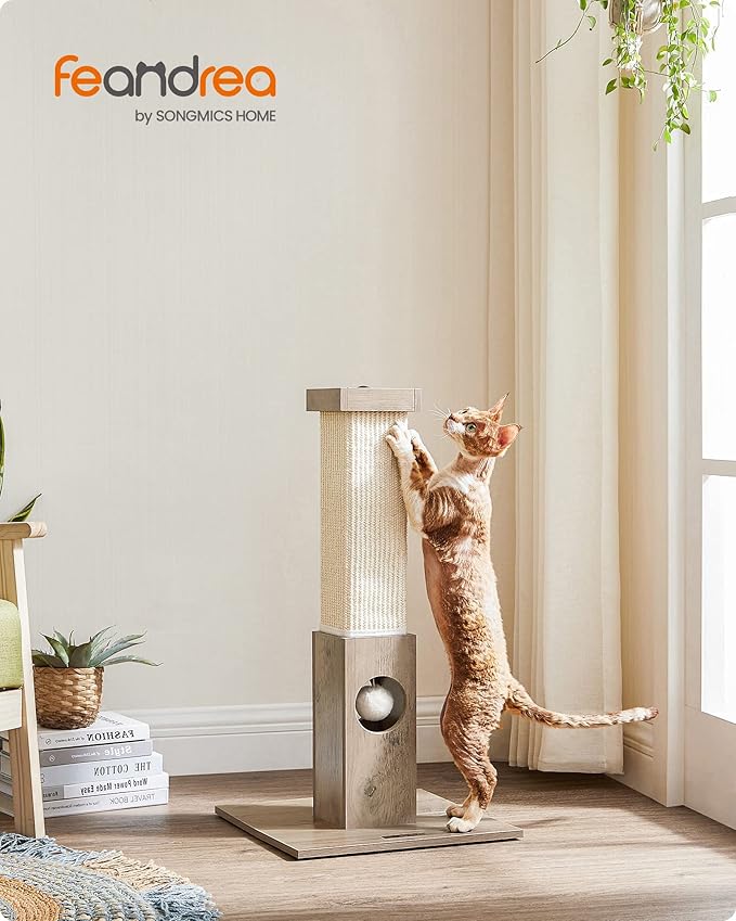 Feandrea Cat Scratching Post, Cat Scratcher for Indoor Cats, 28.7 Inches Tall, Furniture Scratching Deterrent Sisal Scratch Pole with Toy, Greige UPCA021G01
