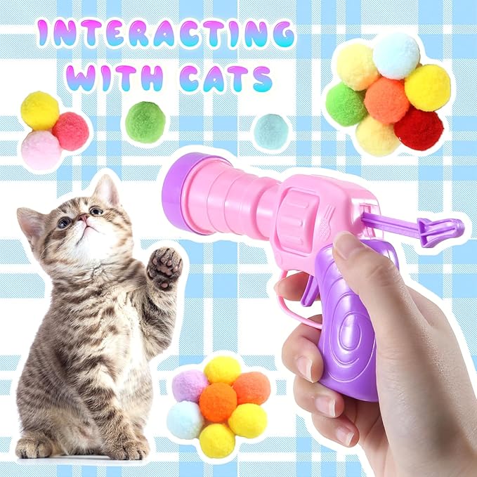 102Pcs Cat Ball Toy Launcher Gun,Cat Balls Fetch Toy - Includes 100 Colorful Plush Cat Balls and 2 Exciting Launchers Set,for Bored Indoor Adult Cats, Cute Kitten Kitty Toys