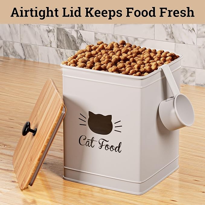 Cat Food Storage Container with Scoop - 25 Cup Capacity White Cat Food Container with Airtight Bamboo Lid - Metal Cat Food Bin - Cat Food Holder Storage - Pet Food Storage Container - Kibble Container