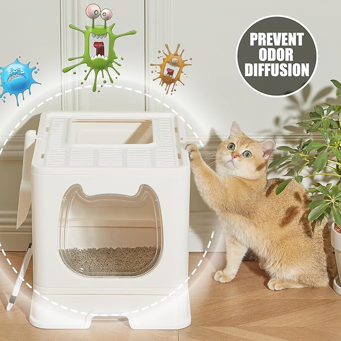 Vealind Covered Cat Litter Box with Sifting Lid, Kitty Litter Box Enclosure, Top Entry Enclosed Litter Box with Litter Scooper and Brush, Easy Clean Hooded Travel Litter Box for Cats, Beige Litter Box