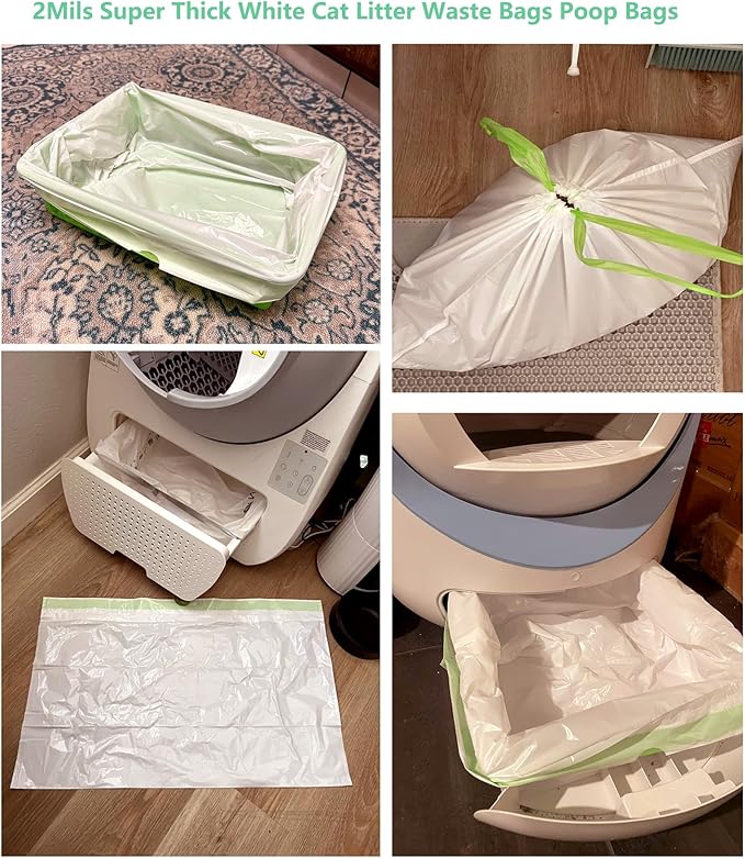 20 Count Cat Drawstring Litter Box Liners 26.6x16.7 inches 2Mils Super Thick White Cat Litter Waste Bags Poop Bags for Self-Cleaning Litter Box Cat Litter Pan Trays (Blue Drawstring 20 count)