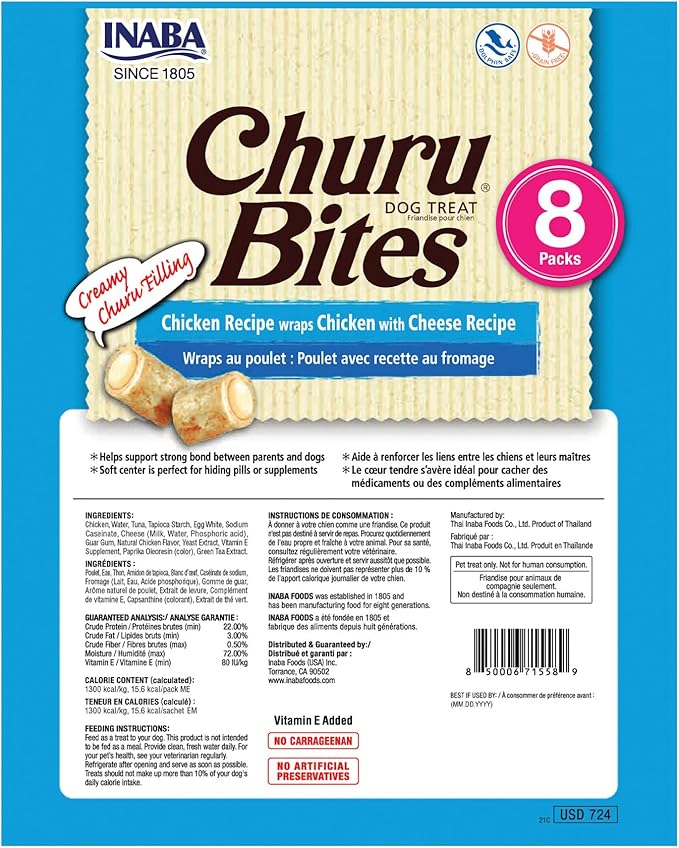 INABA Churu Bites for Dogs, Grain-Free, Soft/Chewy Baked Chicken Wrapped Churu Filled Dog Treats, 0.42 Ounces Each Tube | 48 Tubes Total (8 Tubes per Pack), Chicken with Cheese Recipe